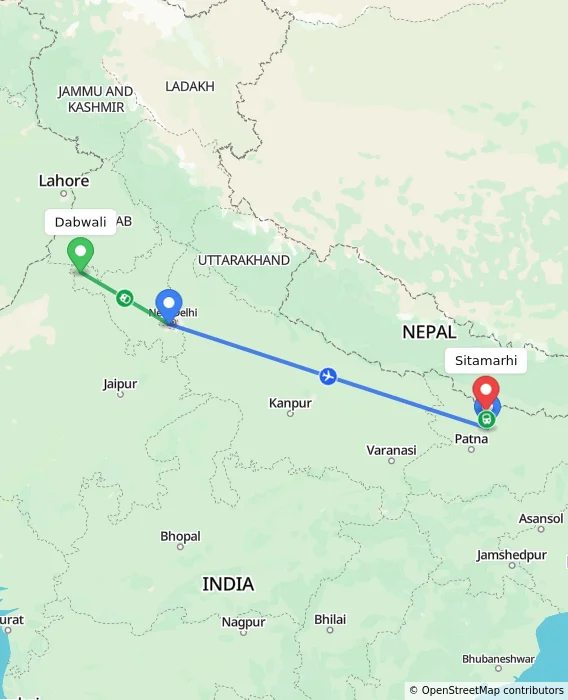 Route map showing distance and travel time from Dabwali, India to Sitamarhi, India