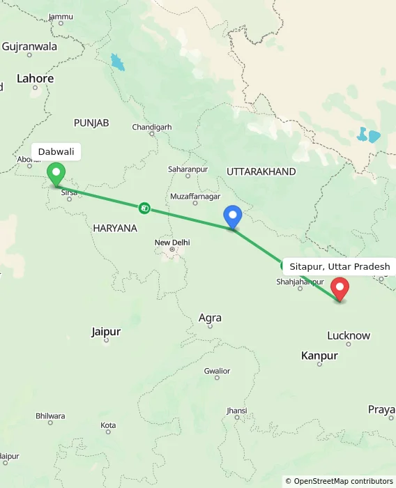 Route map showing distance and travel time from Dabwali, India to Sitapur, Uttar Pradesh, India