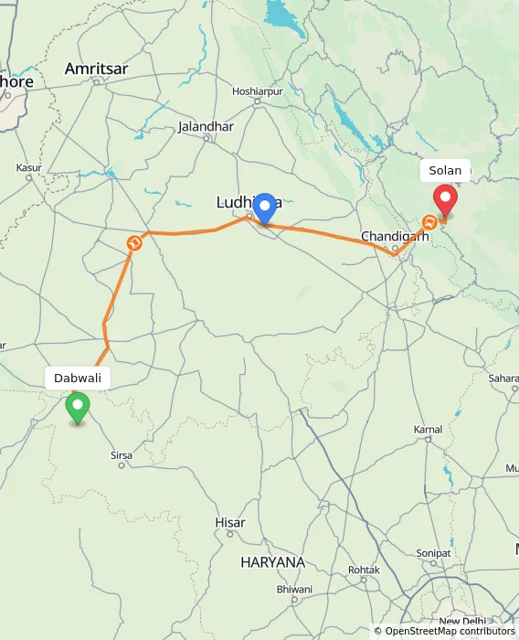 Route map showing distance and travel time from Dabwali, India to Solan, India