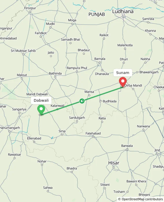 Route map showing distance and travel time from Dabwali, India to Sunam, India