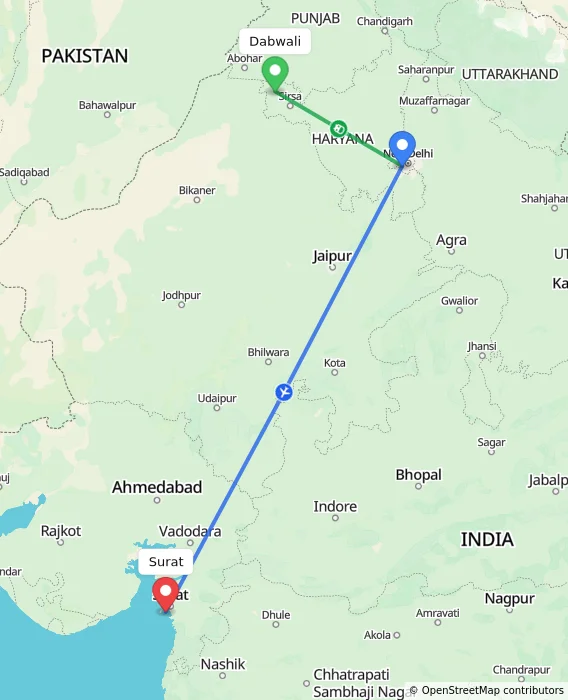 Route map showing distance and travel time from Dabwali, India to Surat, India