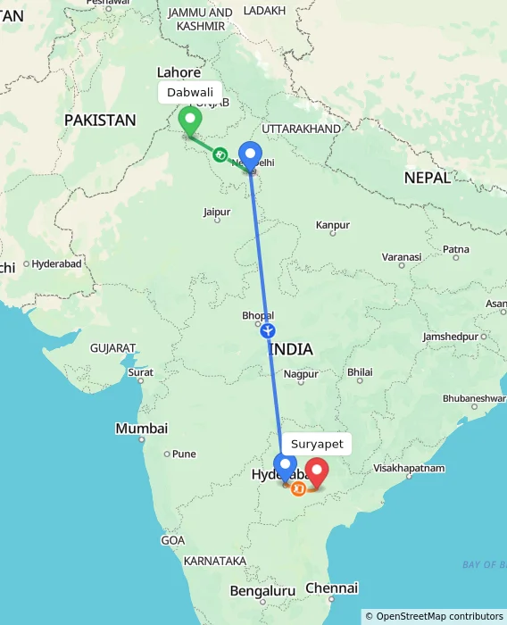 Route map showing distance and travel time from Dabwali, India to Suryapet, India