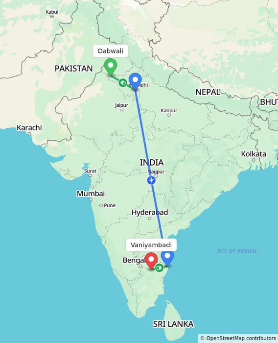 Route map showing distance and travel time from Dabwali, India to Vaniyambadi, India