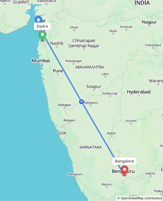Route map showing distance and travel time from Dadra, India to Bangalore, India
