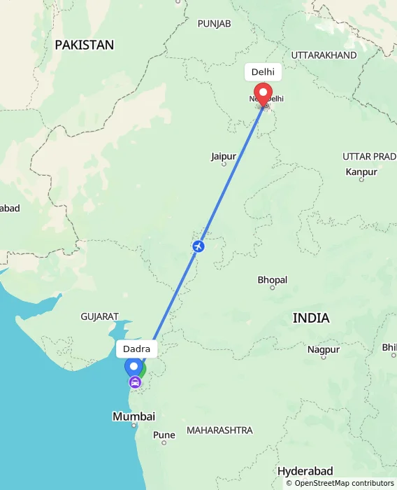 Route map showing distance and travel time from Dadra, India to Delhi, India