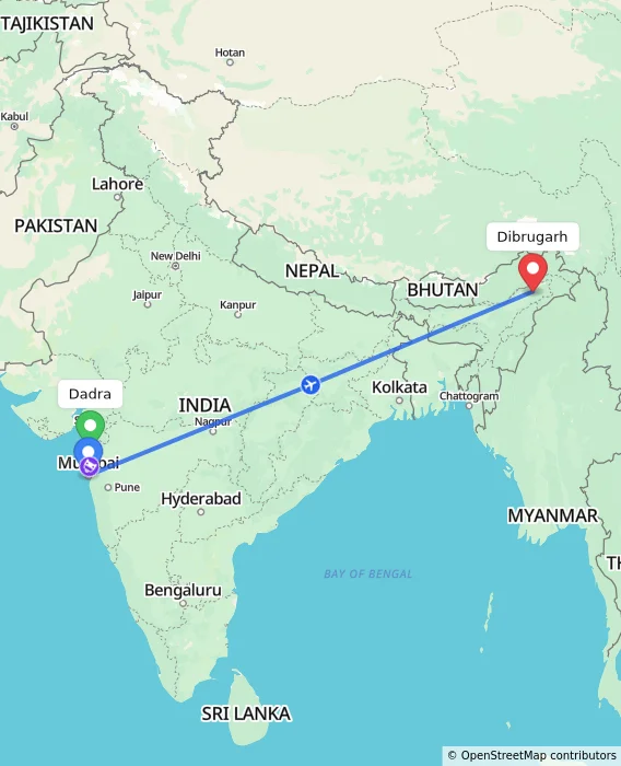 Route map showing distance and travel time from Dadra, India to Dibrugarh, India