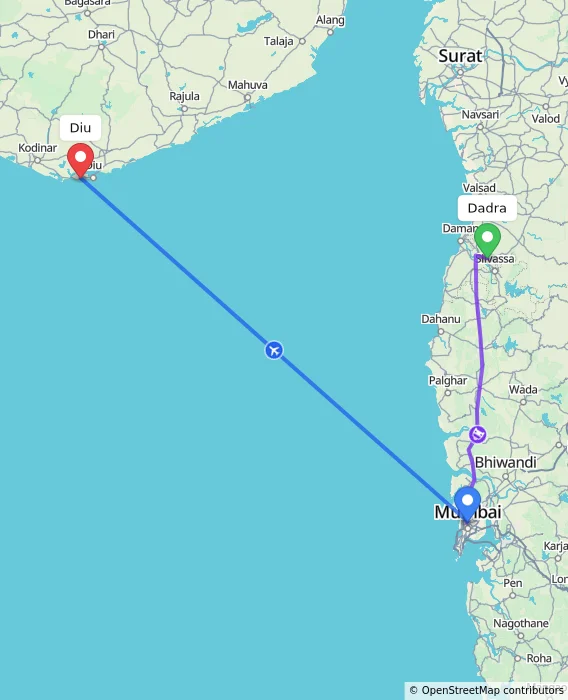 Route map showing distance and travel time from Dadra, India to Diu, India