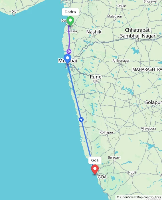 Route map showing distance and travel time from Dadra, India to Goa, India