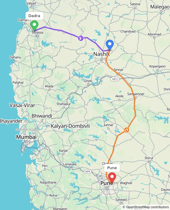 Route map showing distance and travel time from Dadra, India to Pune, India