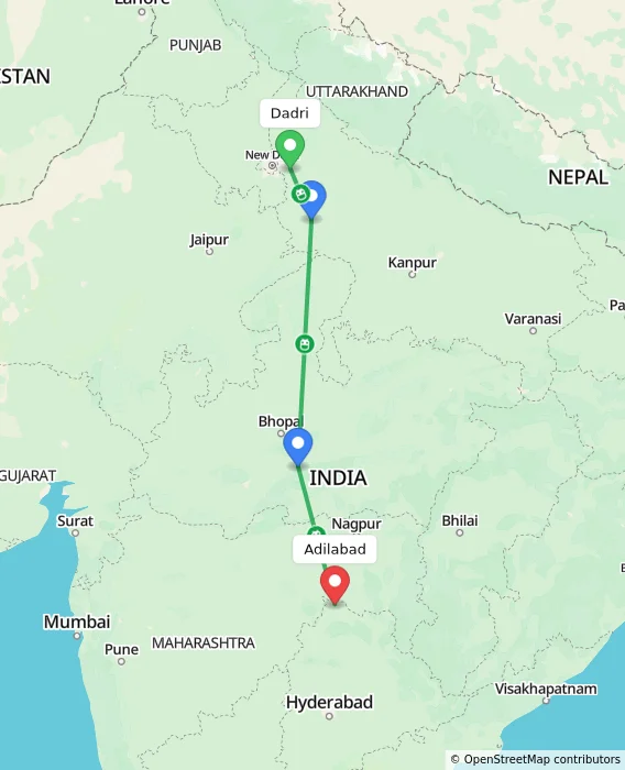 Route map showing distance and travel time from Dadri, India to Adilabad, India