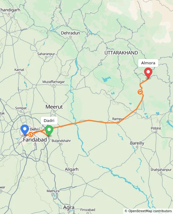 Route map showing distance and travel time from Dadri, India to Almora, India
