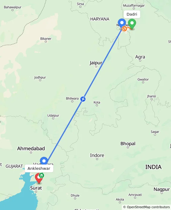 Route map showing distance and travel time from Dadri, India to Ankleshwar, India