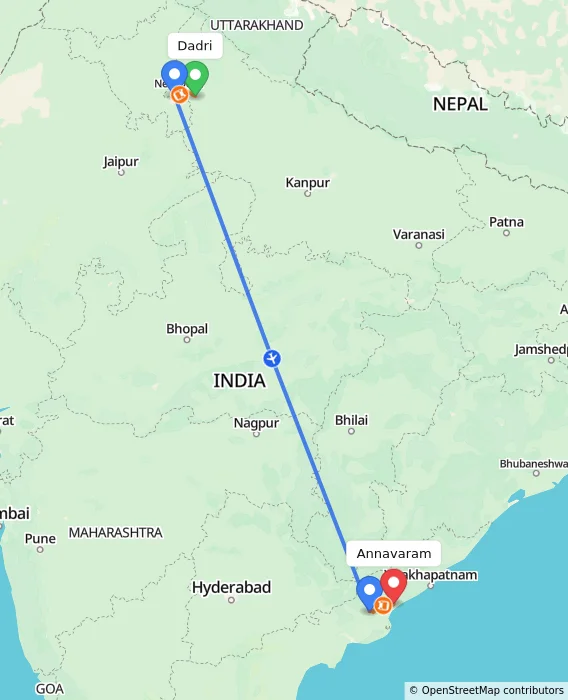 Route map showing distance and travel time from Dadri, India to Annavaram, India