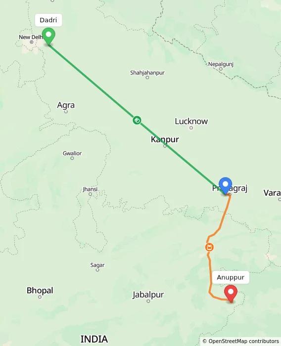 Route map showing distance and travel time from Dadri, India to Anuppur, India