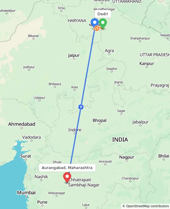 Route map showing distance and travel time from Dadri, India to Aurangabad, Maharashtra, India
