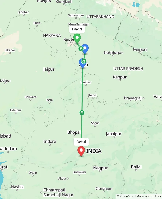 Route map showing distance and travel time from Dadri, India to Betul, India
