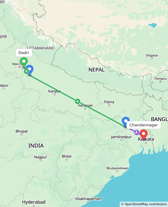 Route map showing distance and travel time from Dadri, India to Chandannagar, India