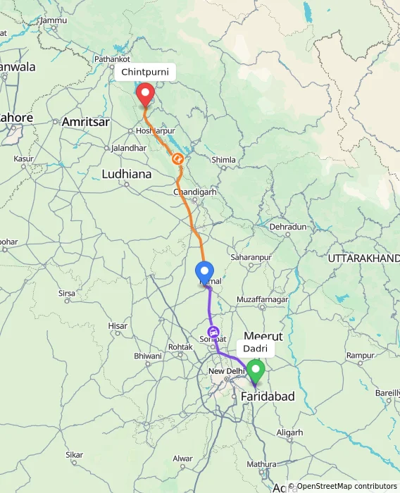Route map showing distance and travel time from Dadri, India to Chintpurni, India