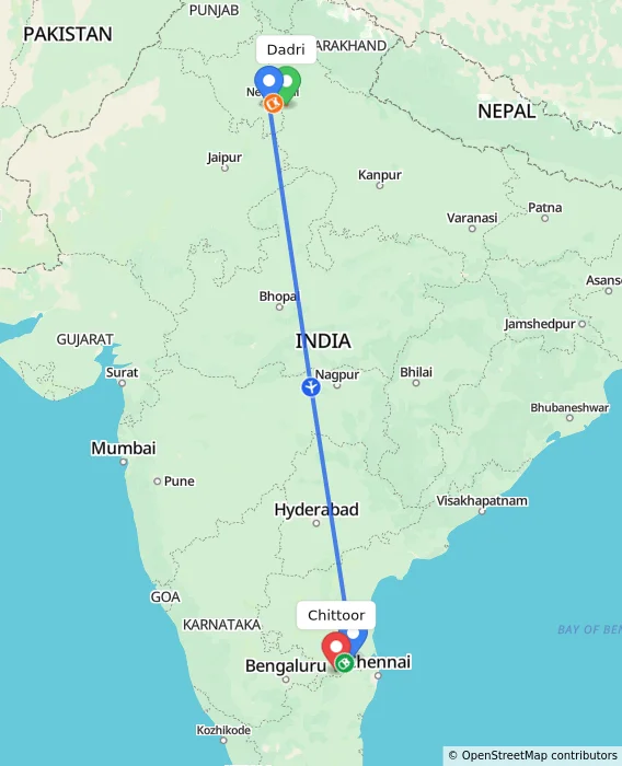 Route map showing distance and travel time from Dadri, India to Chittoor, India