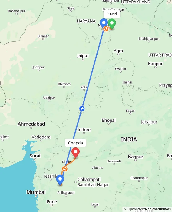 Route map showing distance and travel time from Dadri, India to Chopda, India