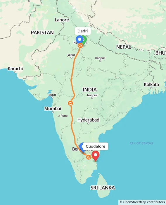 Route map showing distance and travel time from Dadri, India to Cuddalore, India