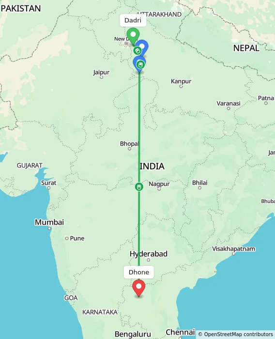 Route map showing distance and travel time from Dadri, India to Dhone, India