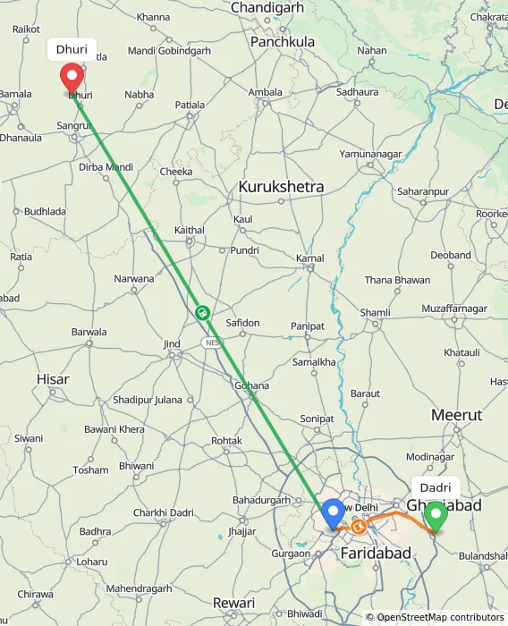 Route map showing distance and travel time from Dadri, India to Dhuri, India