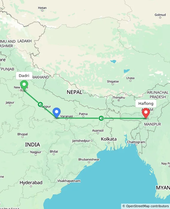 Route map showing distance and travel time from Dadri, India to Haflong, India