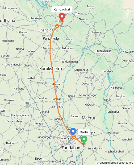 Route map showing distance and travel time from Dadri, India to Kandaghat, India