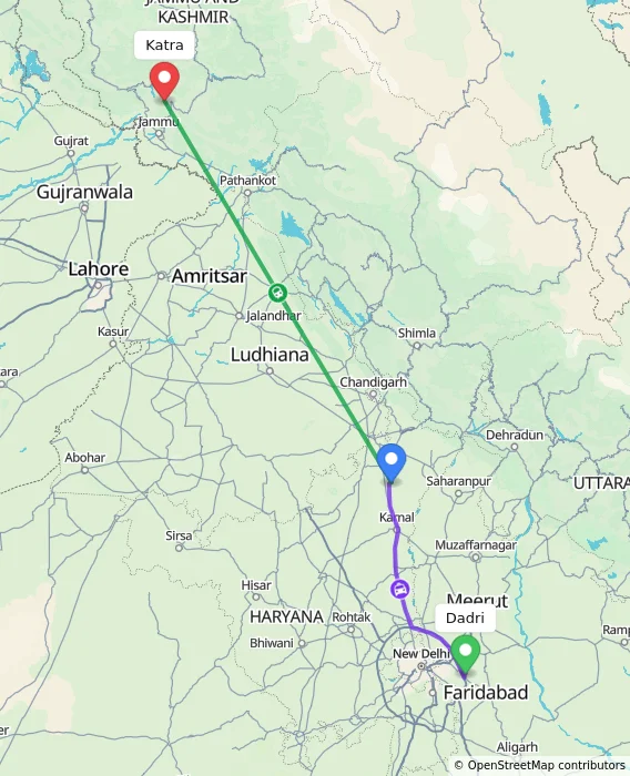 Route map showing distance and travel time from Dadri, India to Katra, India