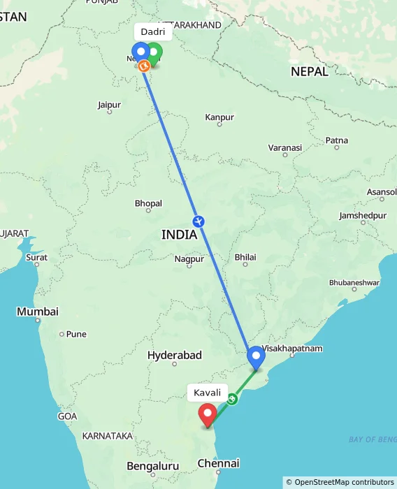 Route map showing distance and travel time from Dadri, India to Kavali, India