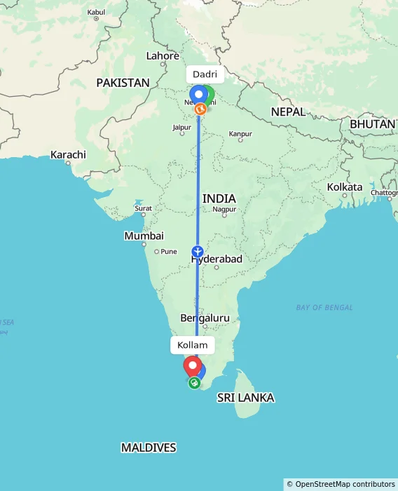 Route map showing distance and travel time from Dadri, India to Kollam, India
