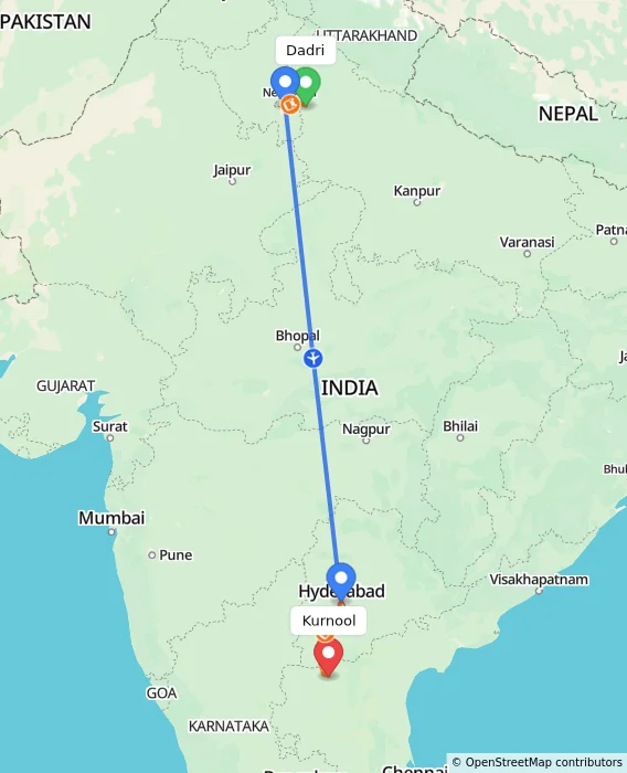 Route map showing distance and travel time from Dadri, India to Kurnool, India