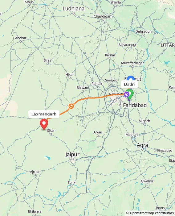 Route map showing distance and travel time from Dadri, India to Laxmangarh, India