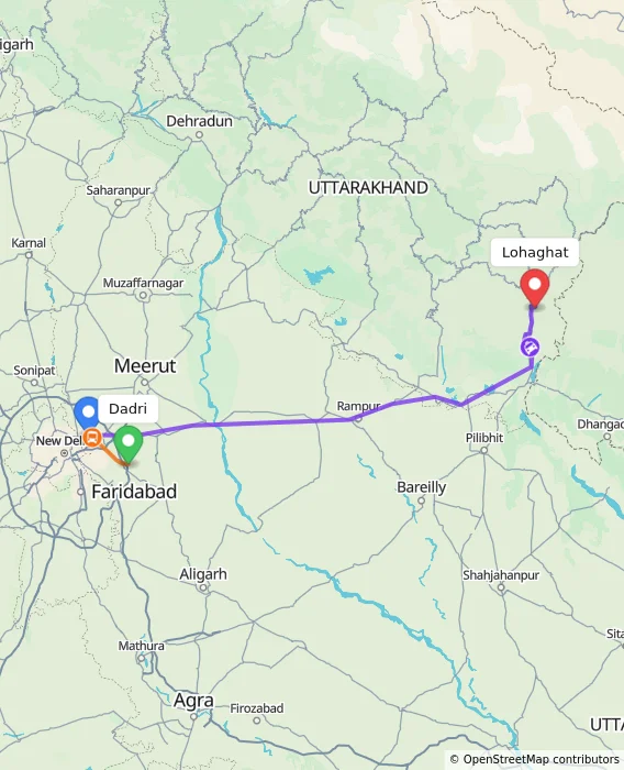 Route map showing distance and travel time from Dadri, India to Lohaghat, India