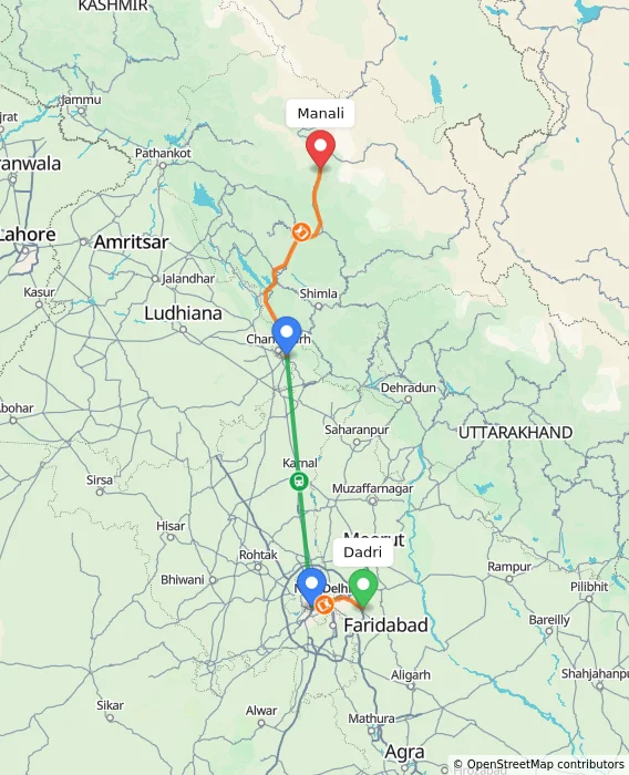 Route map showing distance and travel time from Dadri, India to Manali, India