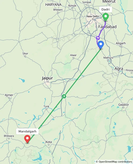 Route map showing distance and travel time from Dadri, India to Mandalgarh, India