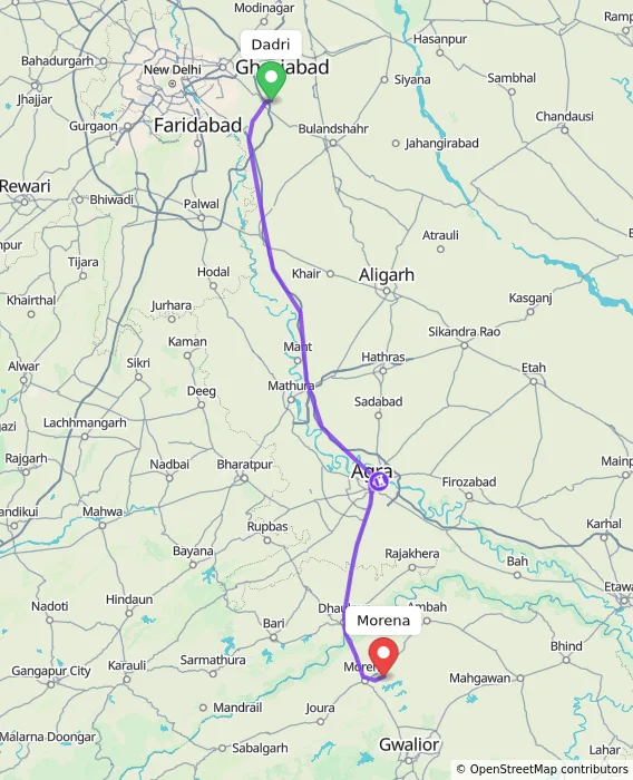 Route map showing distance and travel time from Dadri, India to Morena, India