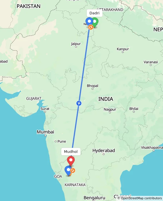 Route map showing distance and travel time from Dadri, India to Mudhol, India