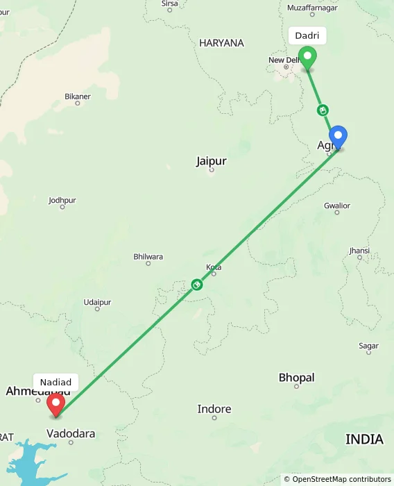 Route map showing distance and travel time from Dadri, India to Nadiad, India