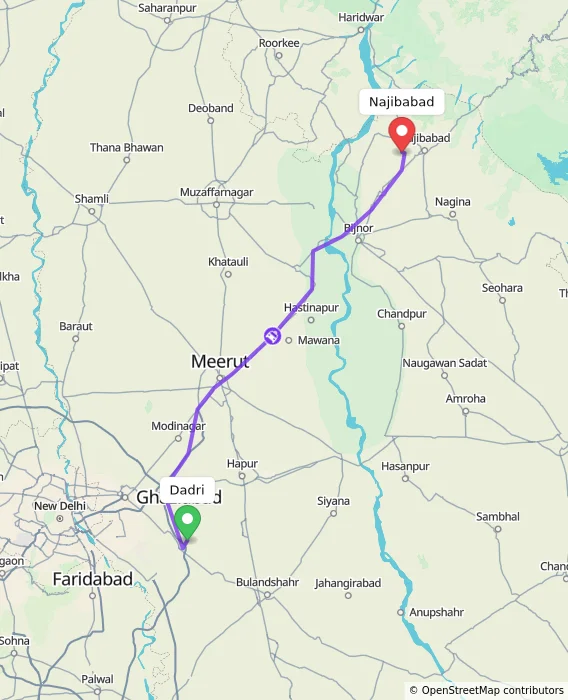 Route map showing distance and travel time from Dadri, India to Najibabad, India