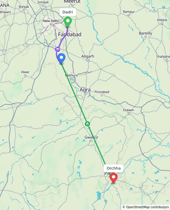 Route map showing distance and travel time from Dadri, India to Orchha, India
