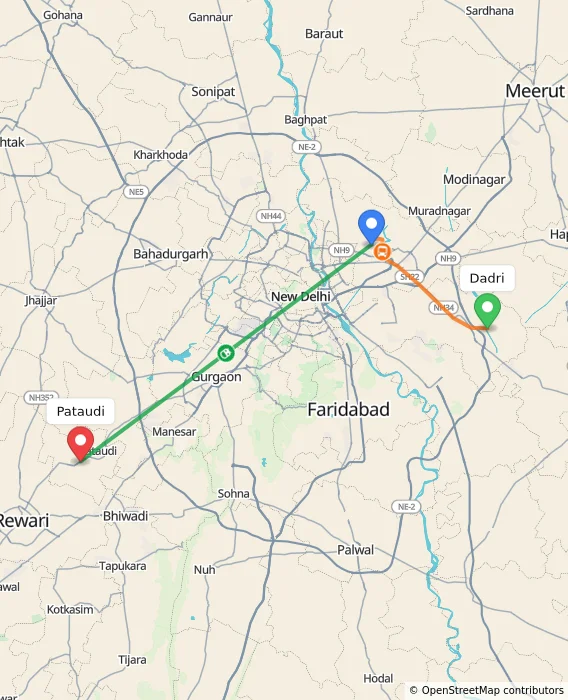Route map showing distance and travel time from Dadri, India to Pataudi, India
