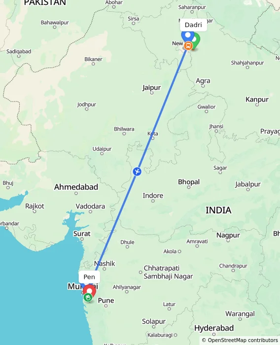 Route map showing distance and travel time from Dadri, India to Pen, India