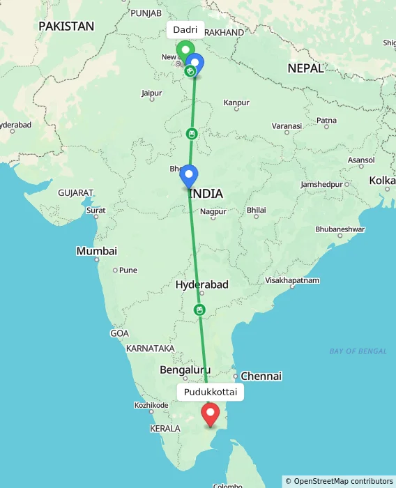 Route map showing distance and travel time from Dadri, India to Pudukkottai, India