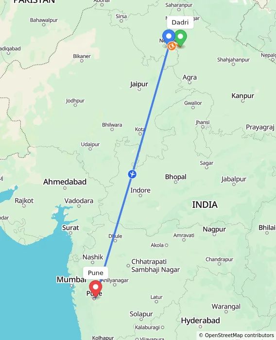 Route map showing distance and travel time from Dadri, India to Pune, India