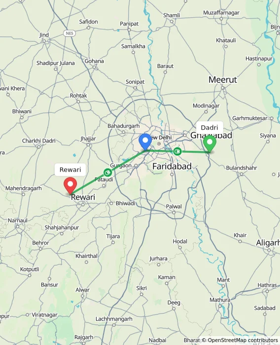 Route map showing distance and travel time from Dadri, India to Rewari, India