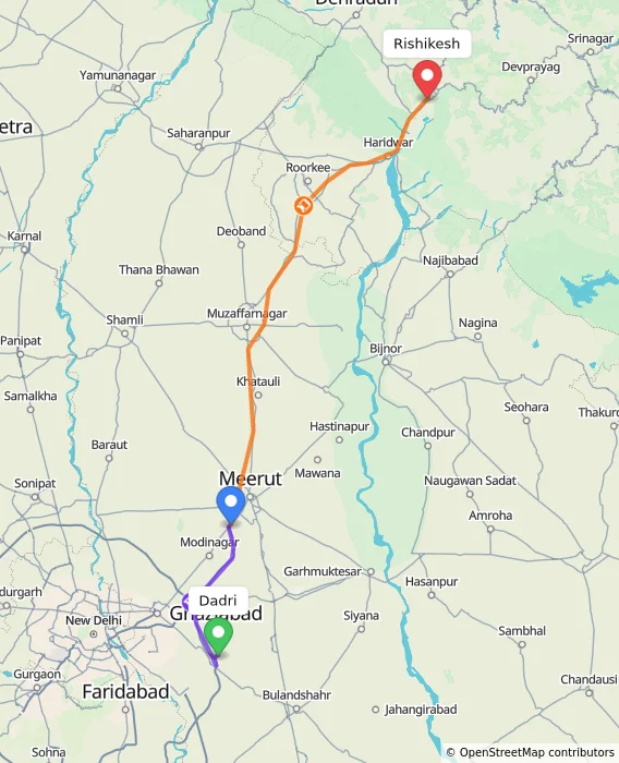 Route map showing distance and travel time from Dadri, India to Rishikesh, India