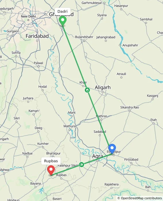 Route map showing distance and travel time from Dadri, India to Rupbas, India