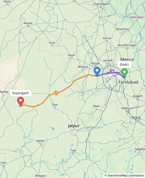 Route map showing distance and travel time from Dadri, India to Sujangarh, India